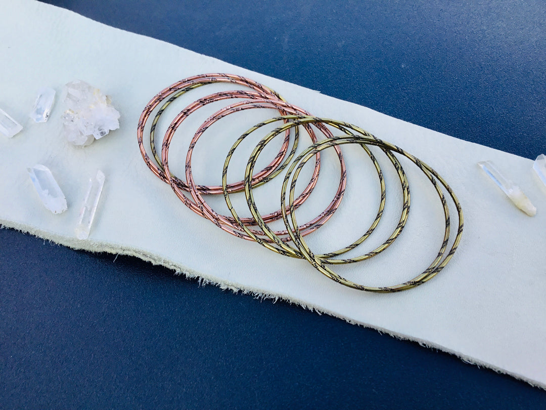 Copper and Brass thin classic bangle bracelet set