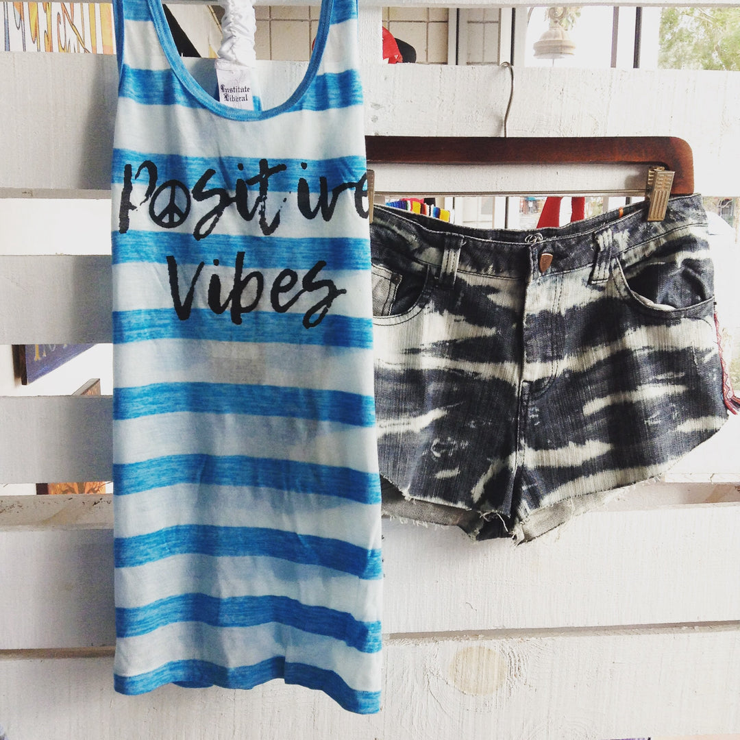Blue and white striped positive vibes tank
